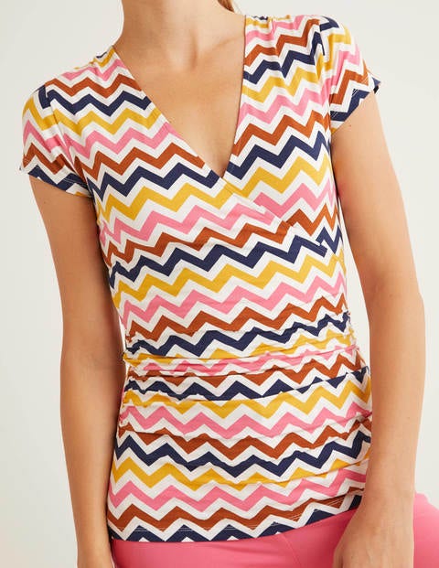 Short Sleeve Jersey Wrap Top - Ivory, Chevron Stripe Short Sleeve Jersey Wrap Top - Ivory, Chevron Stripe