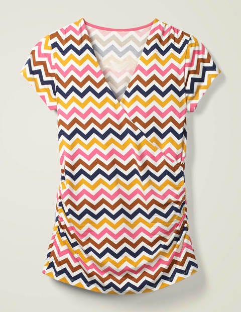 Short Sleeve Jersey Wrap Top - Ivory, Chevron Stripe Short Sleeve Jersey Wrap Top - Ivory, Chevron Stripe