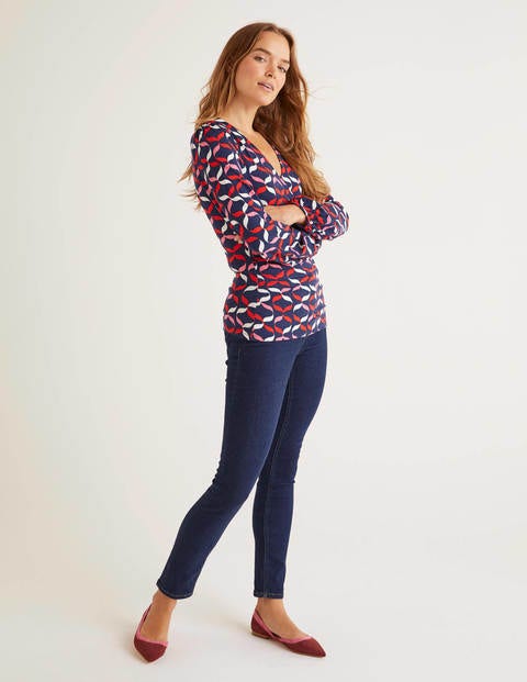 Elodie Jersey Wrap Top - Navy, Ribbons Multi Elodie Jersey Wrap Top - Navy, Ribbons Multi