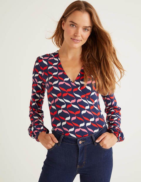 Elodie Jersey Wrap Top - Navy, Ribbons Multi Elodie Jersey Wrap Top - Navy, Ribbons Multi