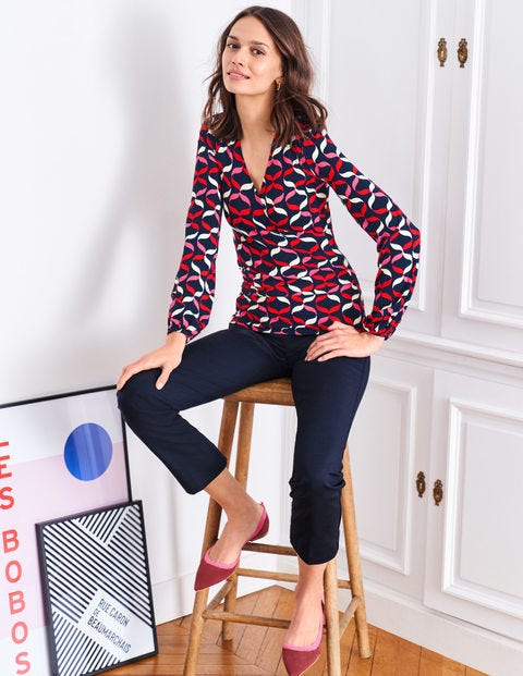 Elodie Jersey Wrap Top - Navy, Ribbons Multi Elodie Jersey Wrap Top - Navy, Ribbons Multi