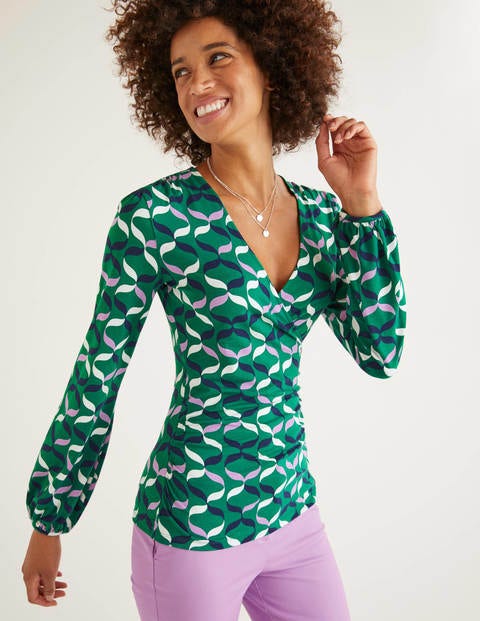 Elodie Jersey Wrap Top - Forest, Ribbons Multi Elodie Jersey Wrap Top - Forest, Ribbons Multi