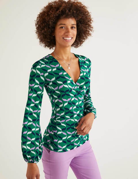 Elodie Jersey Wrap Top - Forest, Ribbons Multi Elodie Jersey Wrap Top - Forest, Ribbons Multi
