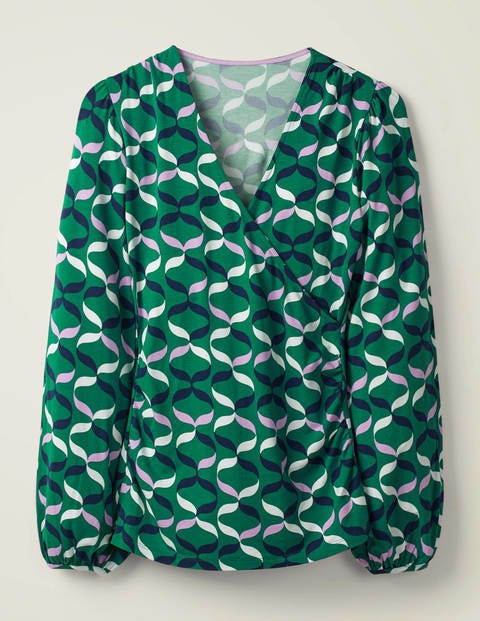 Elodie Jersey Wrap Top - Forest, Ribbons Multi Elodie Jersey Wrap Top - Forest, Ribbons Multi
