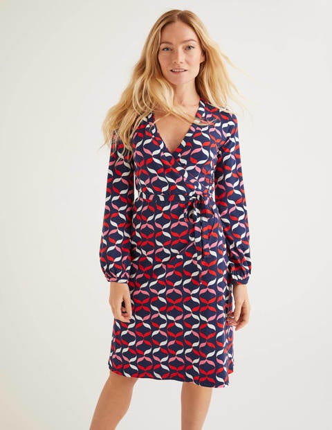 Elodie Jersey Wrap Dress - Navy, Ribbons Multi Elodie Jersey Wrap Dress - Navy, Ribbons Multi
