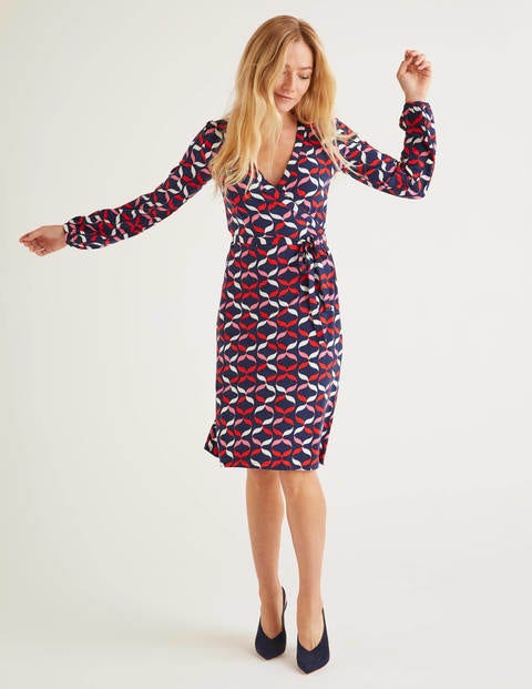 Elodie Jersey Wrap Dress - Navy, Ribbons Multi Elodie Jersey Wrap Dress - Navy, Ribbons Multi