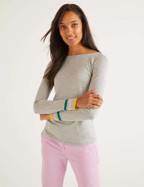 T-Shirt mit gestreiften Bündchen - Grau Meliert/Bunte Bündchen T-Shirt mit gestreiften Bündchen - Grau Meliert/Bunte Bündchen
