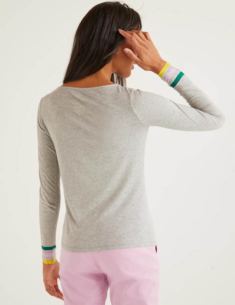 T-Shirt mit gestreiften Bündchen - Grau Meliert/Bunte Bündchen T-Shirt mit gestreiften Bündchen - Grau Meliert/Bunte Bündchen