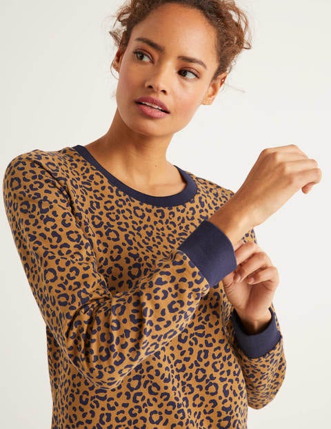 Rib Cuff Sweatshirt Dress - Camel, Animal Stamp Rib Cuff Sweatshirt Dress - Camel, Animal Stamp