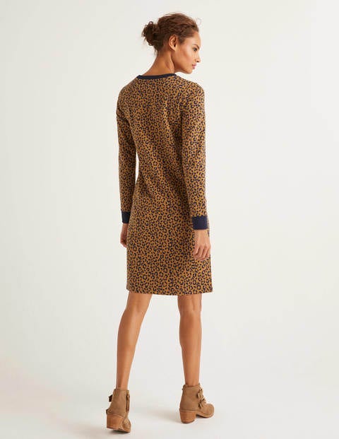 Rib Cuff Sweatshirt Dress - Camel, Animal Stamp Rib Cuff Sweatshirt Dress - Camel, Animal Stamp