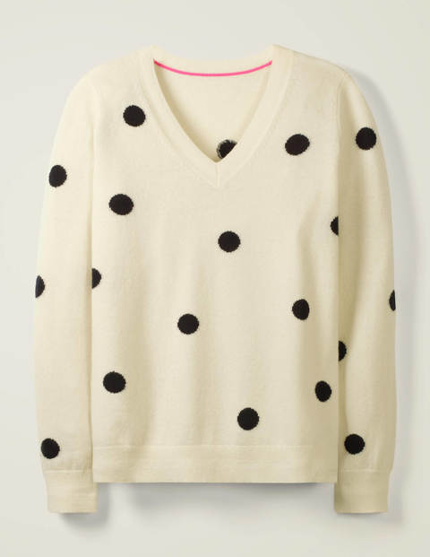 Kaschmirpullover Mit V-Ausschnitt - Naturweiß/Navy, Getupft Kaschmirpullover Mit V-Ausschnitt - Naturweiß/Navy, Getupft