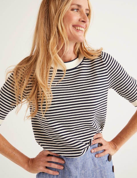 Abingdon Cotton Knitted Tee - Navy/Ivory Stripe Abingdon Cotton Knitted Tee - Navy/Ivory Stripe