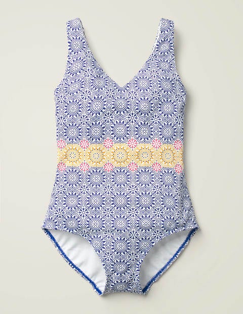 Maillot de bain Symi - Bleu Renaissance, motif tuile soleil Maillot de bain Symi - Bleu Renaissance, motif tuile soleil