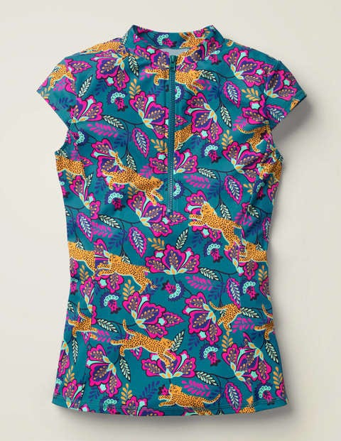 Tilos Usf-Badeshirt Mit Kurzen Ärmeln - Petrol, Geparden/Blüten Tilos Usf-Badeshirt Mit Kurzen Ärmeln - Petrol, Geparden/Blüten