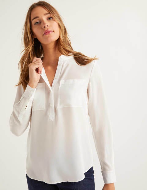 Kragenlose Seidenbluse - Naturweiß Kragenlose Seidenbluse - Naturweiß