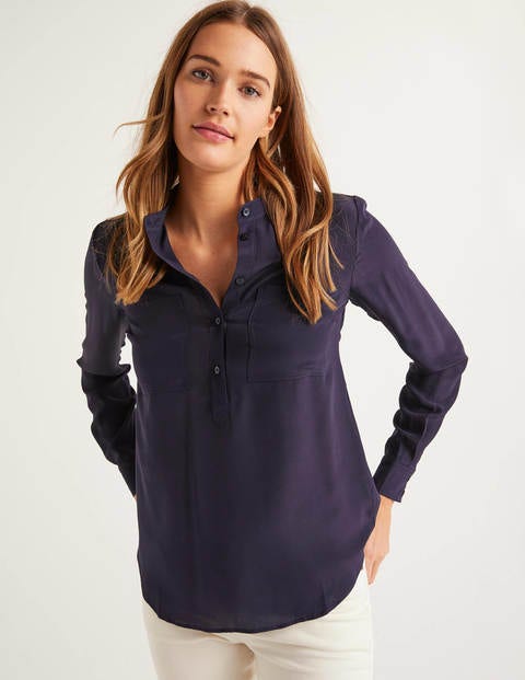 Kragenlose Seidenbluse - Navy Kragenlose Seidenbluse - Navy
