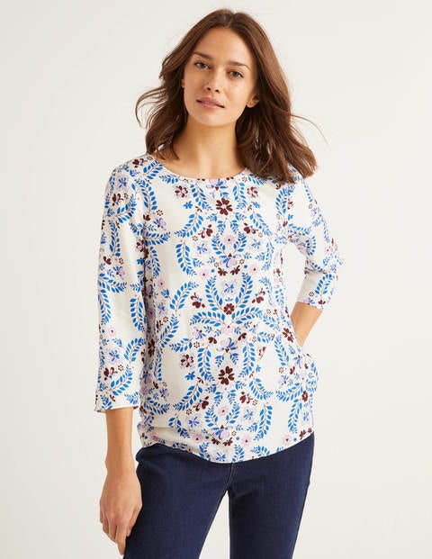 Top Nadine - Ivoire et bleu audacieux, motif Jolie Top Nadine - Ivoire et bleu audacieux, motif Jolie