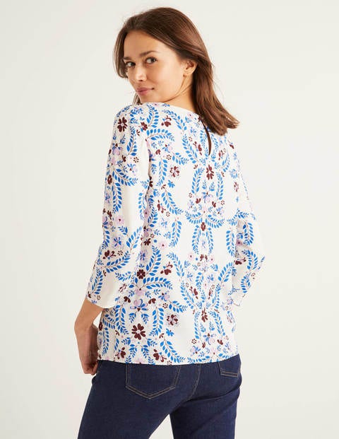 Top Nadine - Ivoire et bleu audacieux, motif Jolie Top Nadine - Ivoire et bleu audacieux, motif Jolie