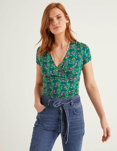 Short Sleeve Jersey Wrap Top - Forest, Garden Charm Short Sleeve Jersey Wrap Top - Forest, Garden Charm