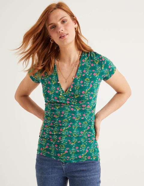 Short Sleeve Jersey Wrap Top - Forest, Garden Charm Short Sleeve Jersey Wrap Top - Forest, Garden Charm