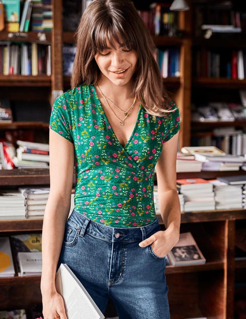 Short Sleeve Jersey Wrap Top - Forest, Garden Charm Short Sleeve Jersey Wrap Top - Forest, Garden Charm