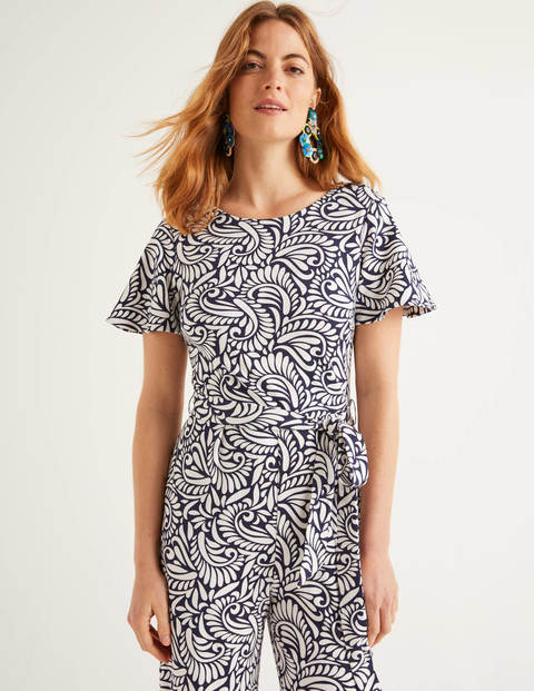 Combinaison Camille en point de Rome - Bleu marine, motif Fern Swirl Combinaison Camille en point de Rome - Bleu marine, motif Fern Swirl