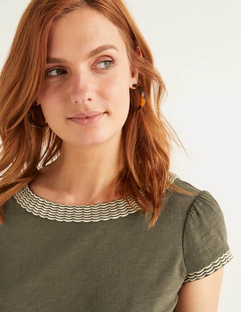Sena Embroidered Jersey Top - Classic Khaki/Gold Scallop Sena Embroidered Jersey Top - Classic Khaki/Gold Scallop