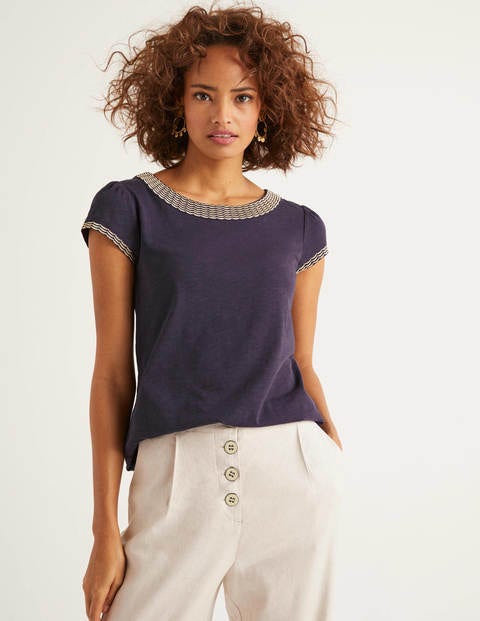 Sena Embroidered Jersey Top - Navy/Gold Scallop Sena Embroidered Jersey Top - Navy/Gold Scallop