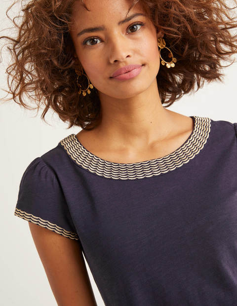 Sena Embroidered Jersey Top - Navy/Gold Scallop Sena Embroidered Jersey Top - Navy/Gold Scallop