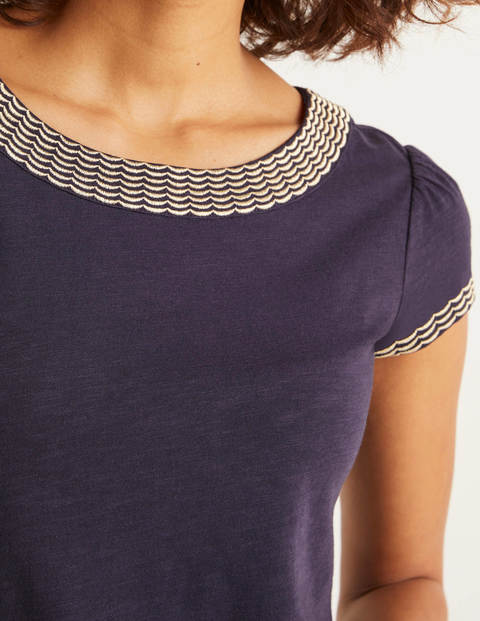 Sena Embroidered Jersey Top - Navy/Gold Scallop Sena Embroidered Jersey Top - Navy/Gold Scallop