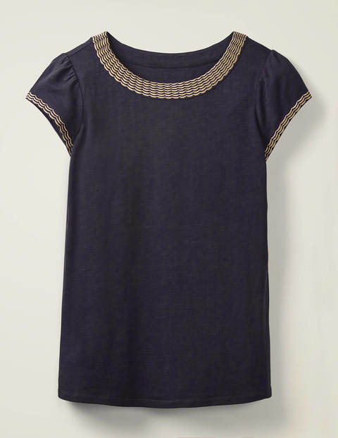 Sena Embroidered Jersey Top - Navy/Gold Scallop Sena Embroidered Jersey Top - Navy/Gold Scallop