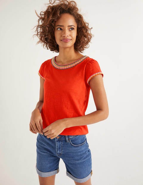 Sena Embroidered Jersey Top - Post Box Red/Multi Scallop Sena Embroidered Jersey Top - Post Box Red/Multi Scallop