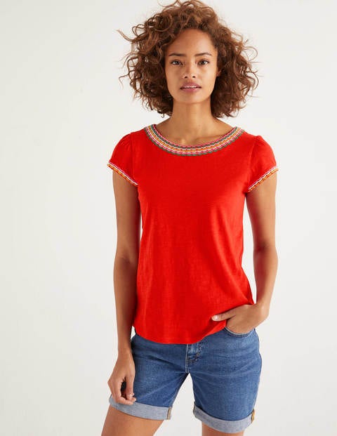 Sena Embroidered Jersey Top - Post Box Red/Multi Scallop Sena Embroidered Jersey Top - Post Box Red/Multi Scallop