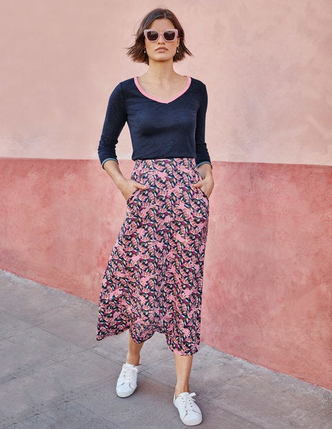 Jersey Midi Skirt - Navy, Cheetah Bloom Jersey Midi Skirt - Navy, Cheetah Bloom