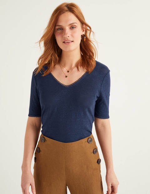 T-shirt Serena en lin à bordure festonnée - Bleu marine T-shirt Serena en lin à bordure festonnée - Bleu marine