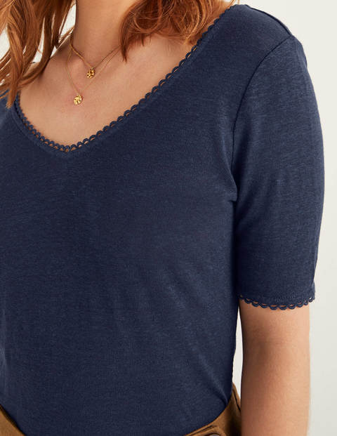 Serena Scallop Trim Linen Tee - Navy Serena Scallop Trim Linen Tee - Navy