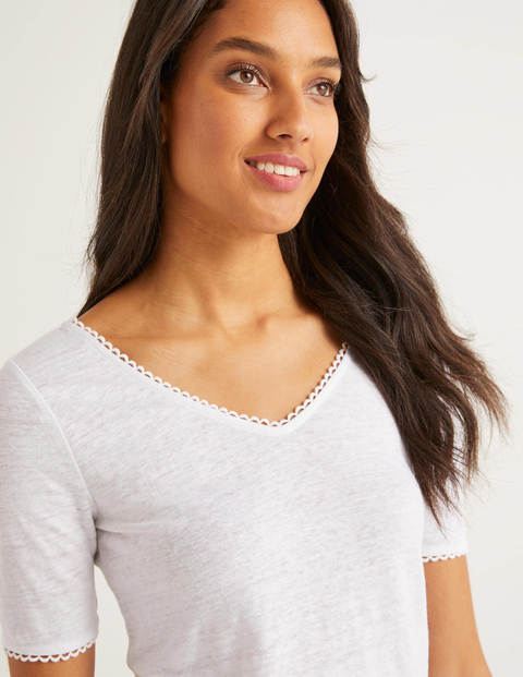 Serena Scallop Trim Linen Tee - White Serena Scallop Trim Linen Tee - White