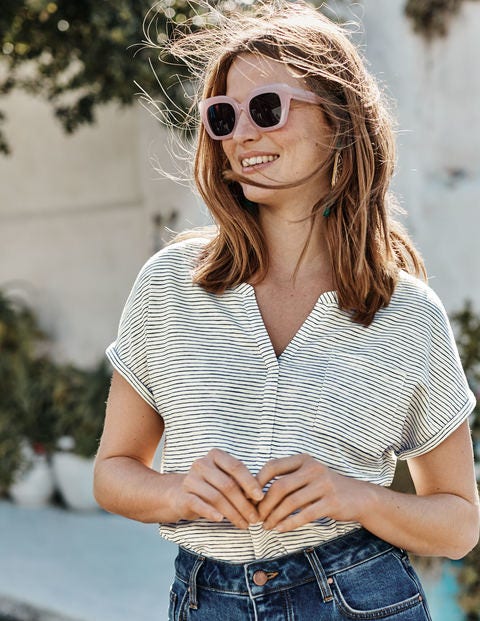 The Cotton Turn Up Cuff Tee - Ivory/Navy The Cotton Turn Up Cuff Tee - Ivory/Navy