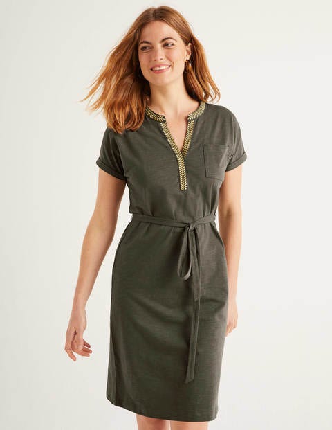 Dora Embroidered Jersey Dress - Classic Khaki Dora Embroidered Jersey Dress - Classic Khaki