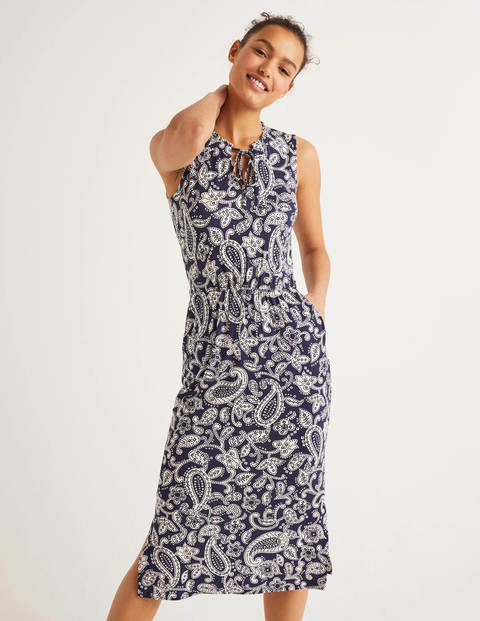 Eliza Jersey-Midikleid - Navy, Getupftes Paisley-Muster Eliza Jersey-Midikleid - Navy, Getupftes Paisley-Muster