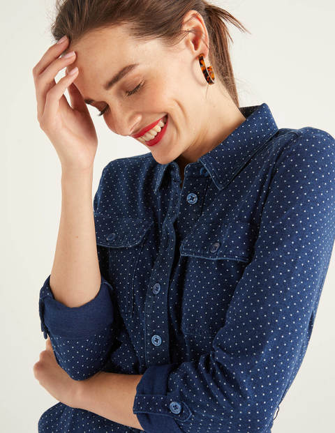 Rowena Hemdblusenkleid aus Jersey - Mittelblau, Punkte Rowena Hemdblusenkleid aus Jersey - Mittelblau, Punkte