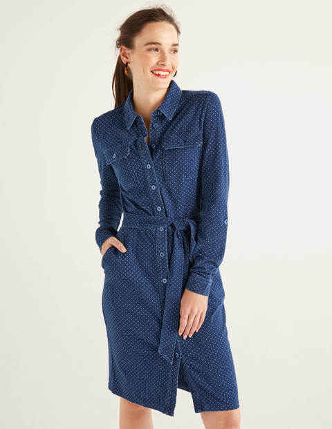 Rowena Hemdblusenkleid aus Jersey - Mittelblau, Punkte Rowena Hemdblusenkleid aus Jersey - Mittelblau, Punkte