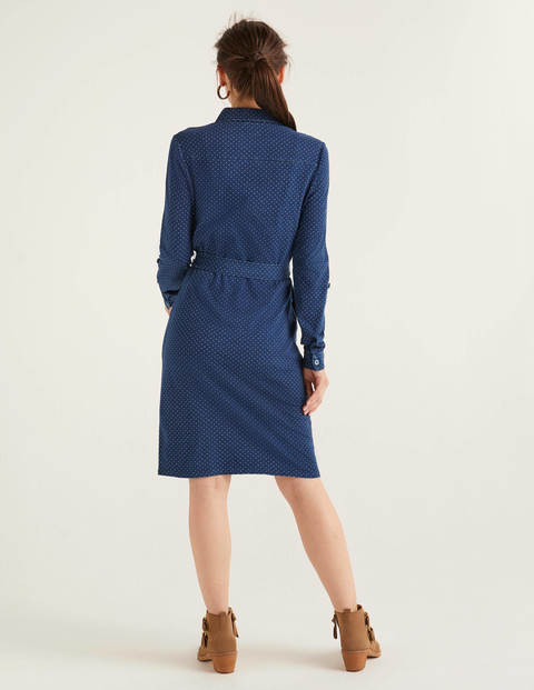 Rowena Hemdblusenkleid aus Jersey - Mittelblau, Punkte Rowena Hemdblusenkleid aus Jersey - Mittelblau, Punkte