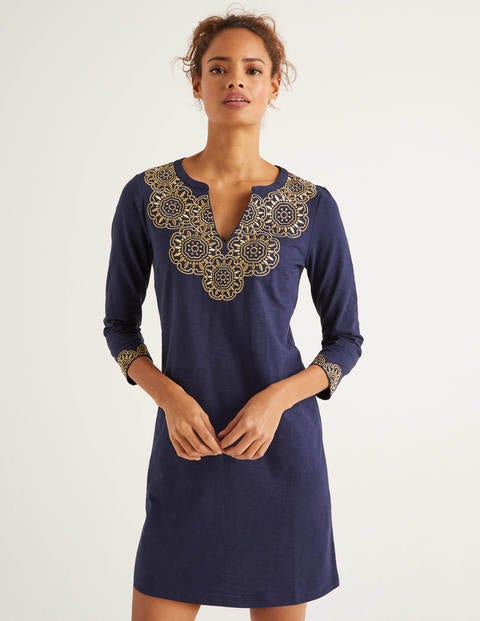 Eda Embroidered Jersey Tunic - Navy/Gold Eda Embroidered Jersey Tunic - Navy/Gold