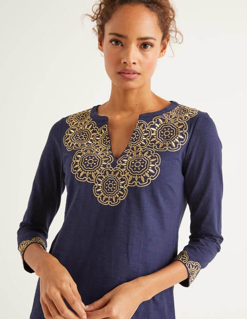 Eda Embroidered Jersey Tunic - Navy/Gold Eda Embroidered Jersey Tunic - Navy/Gold