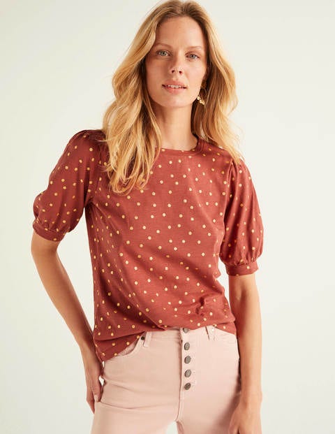 Zoe Gathered Sleeve Jersey Tee - Rouge/Gold, Polka Spot Zoe Gathered Sleeve Jersey Tee - Rouge/Gold, Polka Spot