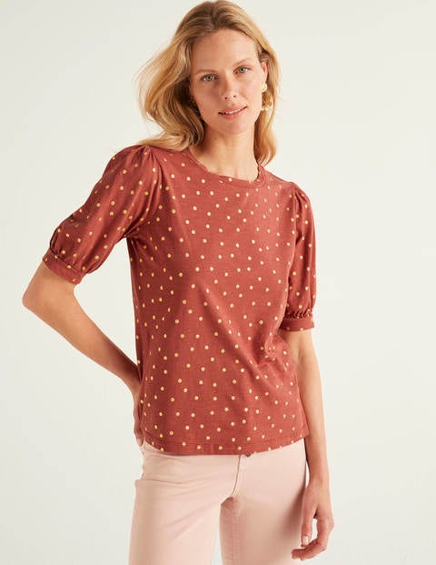 Zoe Gathered Sleeve Jersey Tee - Rouge/Gold, Polka Spot Zoe Gathered Sleeve Jersey Tee - Rouge/Gold, Polka Spot