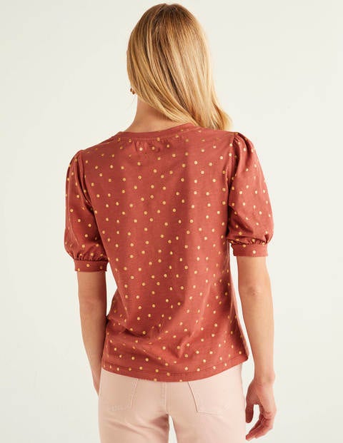 Zoe Gathered Sleeve Jersey Tee - Rouge/Gold, Polka Spot Zoe Gathered Sleeve Jersey Tee - Rouge/Gold, Polka Spot