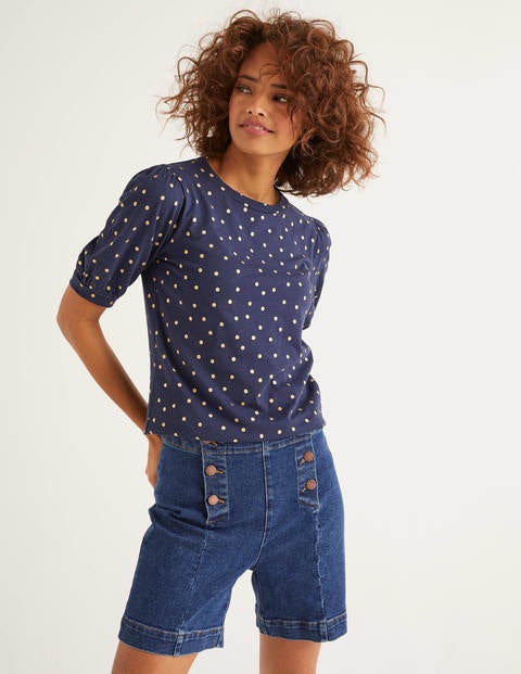 Zoe Gathered Sleeve Jersey Tee - Navy/Gold, Polka Spot Zoe Gathered Sleeve Jersey Tee - Navy/Gold, Polka Spot