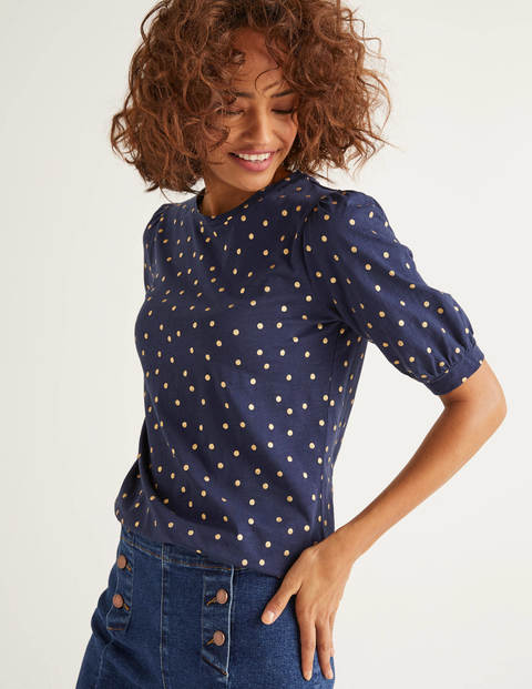 Zoe Gathered Sleeve Jersey Tee - Navy/Gold, Polka Spot Zoe Gathered Sleeve Jersey Tee - Navy/Gold, Polka Spot